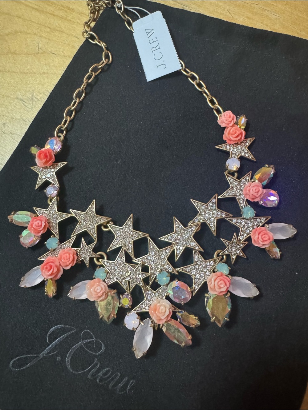 NWT J. Crew Vintage Rare Crystal Star & Pink Rose Statement Bib Necklace w/Pouch